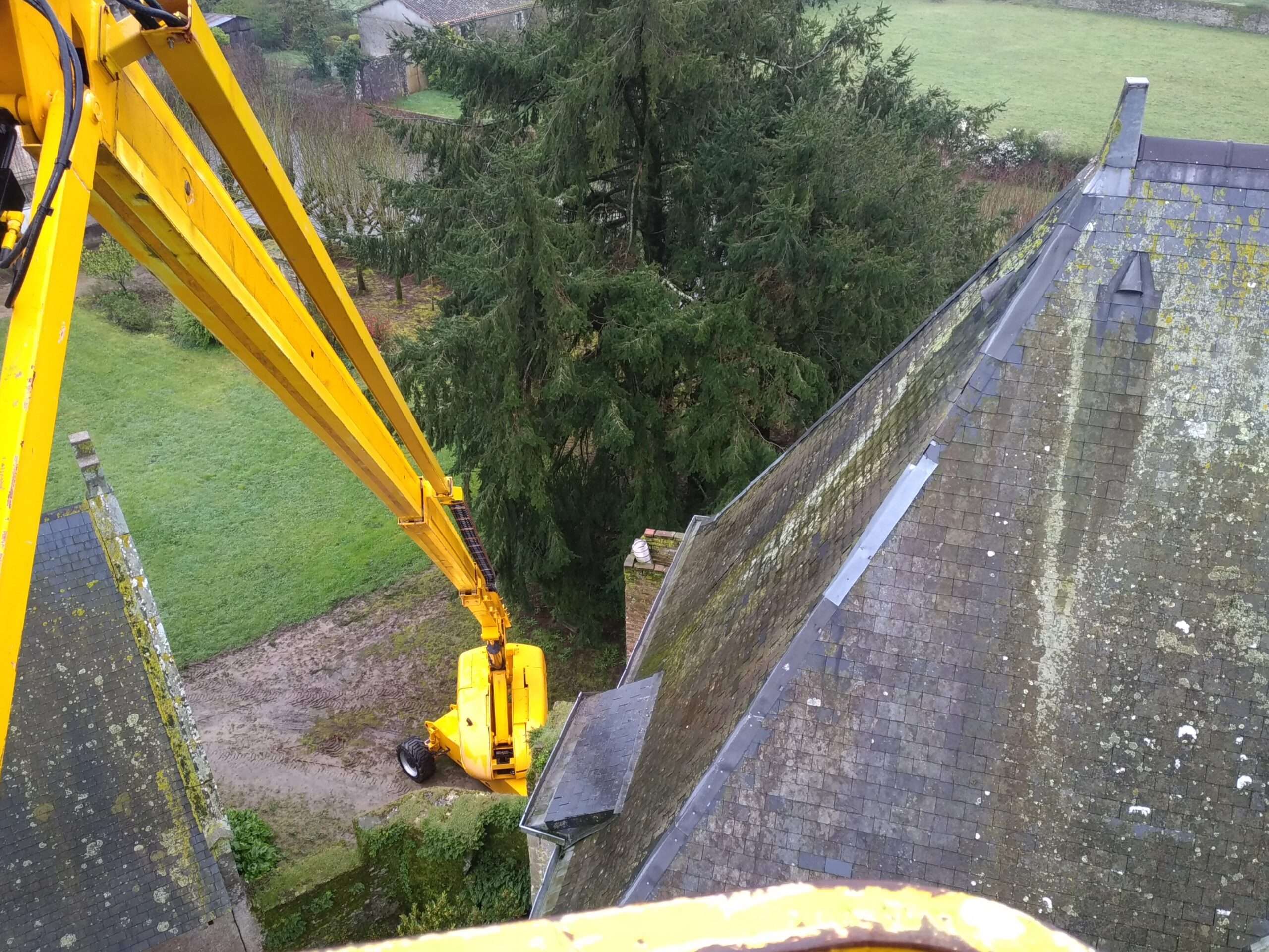 Une nacelle élévatrice jaune s'élève jusqu'au toit d'un bâtiment recouvert de mousse, à côté d'arbres et d'une pelouse.