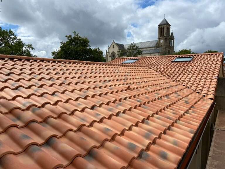 Au premier plan, un toit recouvert de tuiles orange, percé de deux lucarnes, qui présente les premiers signes d'une fuite de toiture ; à l'arrière-plan, sous un ciel nuageux, on aperçoit une église en pierre dotée d'un clocher.