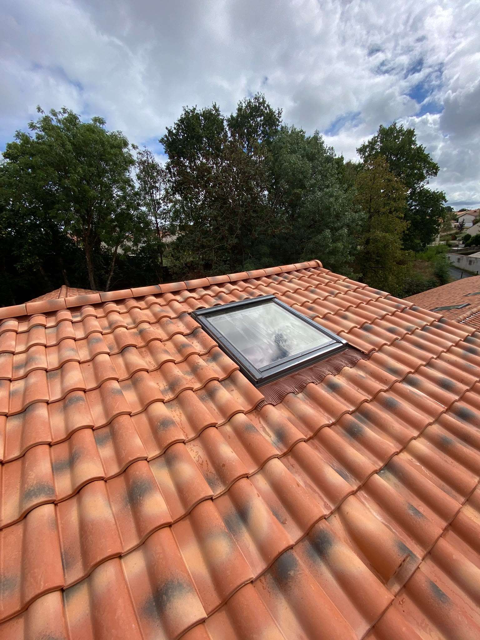 Une lucarne est installée sur un toit recouvert de tuiles en terre cuite, avec des arbres et un ciel nuageux en arrière-plan : un cadre typique où une fuite de toiture pourrait se produire si l'installation n'était pas correctement étanchée.