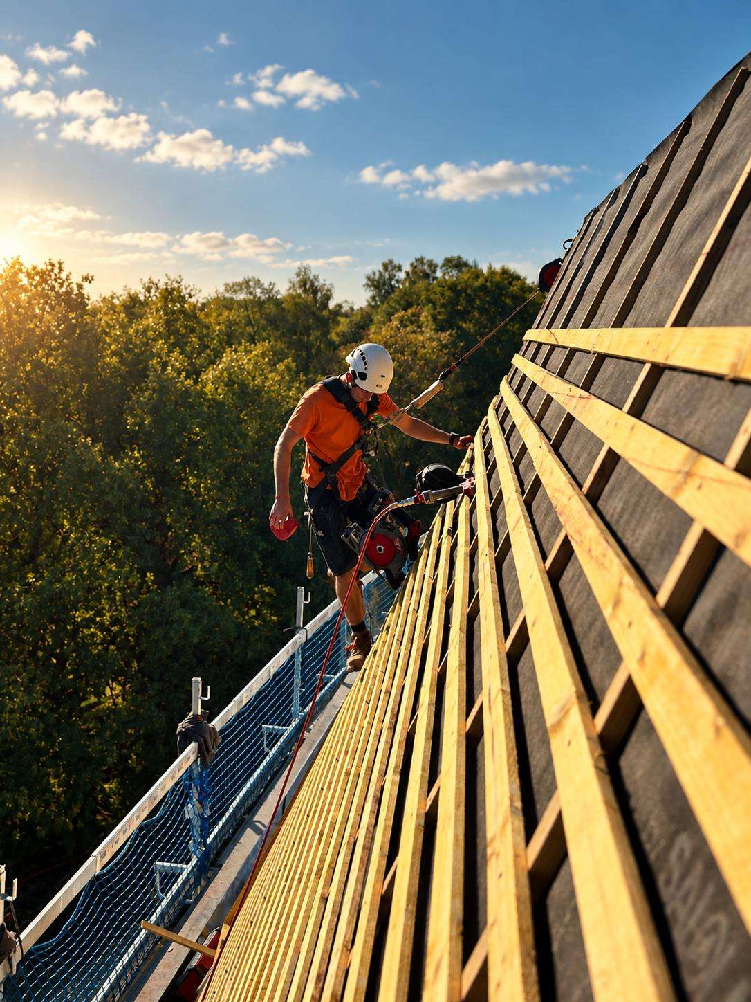 Au coucher du soleil, un ouvrier du bâtiment équipé d’un équipement de sécurité escalade un toit escarpé aux poutres en bois, entouré d’arbres et de filets de sécurité, dans le cadre d’un chantier de réfection de toiture en Vendée.